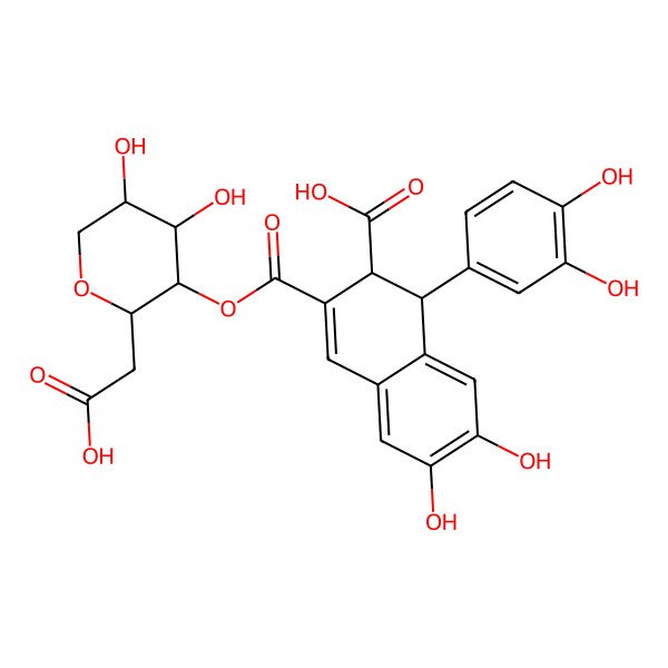 2D Structure of (1R,2S)-3-[(2S,3S,4R,5S)-2-(carboxymethyl)-4,5-dihydroxyoxan-3-yl]oxycarbonyl-1-(3,4-dihydroxyphenyl)-6,7-dihydroxy-1,2-dihydronaphthalene-2-carboxylic acid