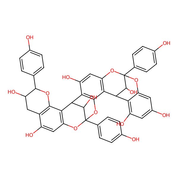 2D Structure of (1R,7S,15R,19R,26S,27R,31S,32R)-7,19,27-tris(4-hydroxyphenyl)-6,8,18,20,28-pentaoxaoctacyclo[17.11.1.17,15.02,17.05,16.09,14.021,30.024,29]dotriaconta-2(17),3,5(16),9,11,13,21(30),22,24(29)-nonaene-3,11,13,23,26,31,32-heptol