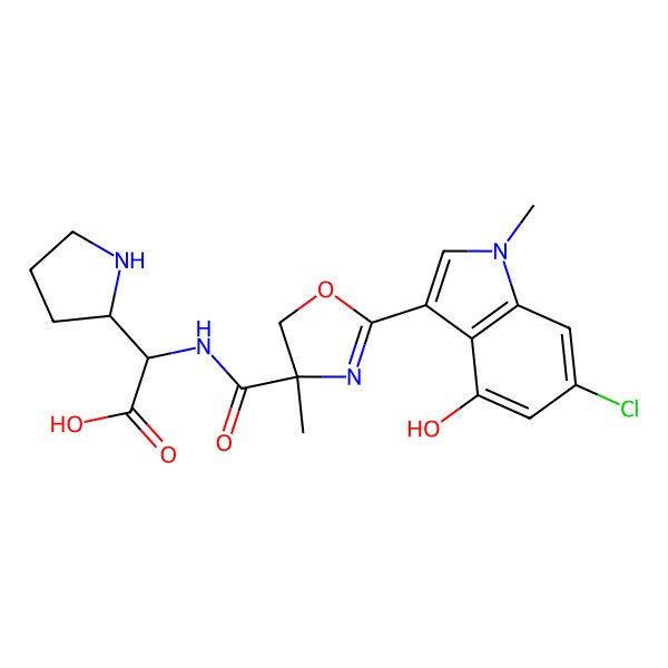 2D Structure of 2-[[2-(6-chloro-4-hydroxy-1-methylindol-3-yl)-4-methyl-5H-1,3-oxazole-4-carbonyl]amino]-2-pyrrolidin-2-ylacetic acid