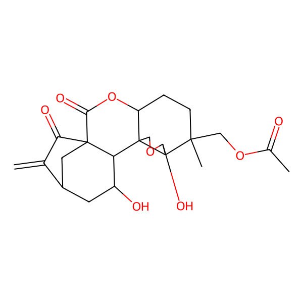 2D Structure of (9,14-Dihydroxy-7-methyl-17-methylidene-2,18-dioxo-3,10-dioxapentacyclo[14.2.1.01,13.04,12.08,12]nonadecan-7-yl)methyl acetate