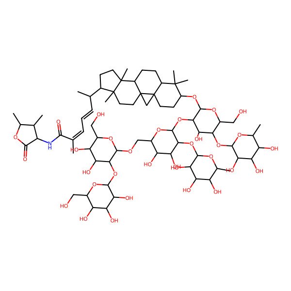 2D Structure of (2E,4E,6R)-6-[(1S,3R,6S,8R,11S,12S,15R,16R)-6-[(2R,3R,4S,5S,6R)-3-[(2S,3R,4S,5S,6R)-6-[[(2R,3R,4S,5S,6R)-4,5-dihydroxy-6-(hydroxymethyl)-3-[(2S,3R,4S,5S,6R)-3,4,5-trihydroxy-6-(hydroxymethyl)oxan-2-yl]oxyoxan-2-yl]oxymethyl]-4,5-dihydroxy-3-[(2S,3R,4R,5R,6S)-3,4,5-trihydroxy-6-methyloxan-2-yl]oxyoxan-2-yl]oxy-4-hydroxy-6-(hydroxymethyl)-5-[(2S,3R,4R,5R,6S)-3,4,5-trihydroxy-6-methyloxan-2-yl]oxyoxan-2-yl]oxy-7,7,12,16-tetramethyl-15-pentacyclo[9.7.0.01,3.03,8.012,16]octadecanyl]-N-(4,5-dimethyl-2-oxooxolan-3-yl)-2-methylhepta-2,4-dienamide