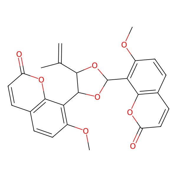 2D Structure of 7-methoxy-8-[(2S,4S,5S)-2-(7-methoxy-2-oxochromen-8-yl)-5-prop-1-en-2-yl-1,3-dioxolan-4-yl]chromen-2-one