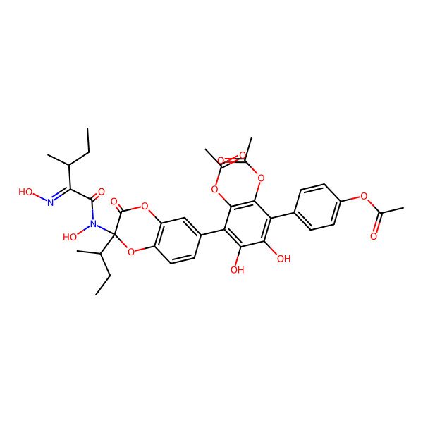 2D Structure of [4-[2,3-diacetyloxy-4-[2-[(2S)-butan-2-yl]-2-[hydroxy-[(2E,3S)-2-hydroxyimino-3-methylpentanoyl]amino]-3-oxo-1,4-benzodioxin-6-yl]-5,6-dihydroxyphenyl]phenyl] acetate