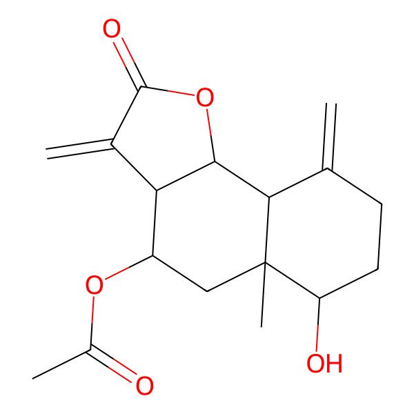 2D Structure of Naphtho(1,2-b)furan-2(3H)-one, 4-(acetyloxy)decahydro-6-hydroxy-5a-methyl-3,9-bis(methylene)-, (3aR,4R,5aR,6R,9aS,9bR)-