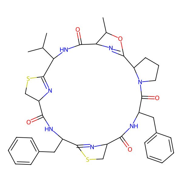 2D Structure of 8,15-Dibenzyl-26-methyl-22-propan-2-yl-27-oxa-13,20-dithia-6,9,16,23,28,29,30-heptazapentacyclo[23.2.1.111,14.118,21.02,6]triaconta-1(28),14(30),21(29)-triene-7,10,17,24-tetrone