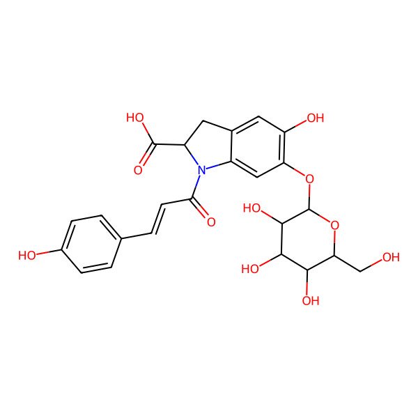 2D Structure of 5-Hydroxy-1-[3-(4-hydroxyphenyl)prop-2-enoyl]-6-[3,4,5-trihydroxy-6-(hydroxymethyl)oxan-2-yl]oxy-2,3-dihydroindole-2-carboxylic acid