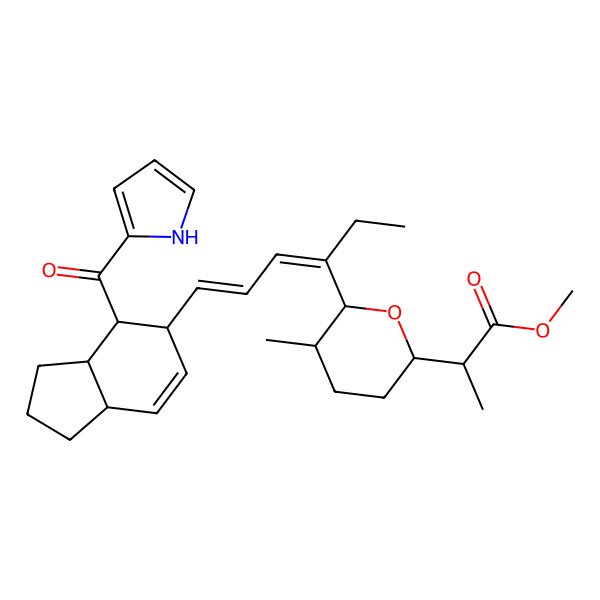 2D Structure of methyl (2R)-2-[(2S,5R)-6-[(3E,5E)-6-[(3aS,4R,7aR)-4-(1H-pyrrole-2-carbonyl)-2,3,3a,4,5,7a-hexahydro-1H-inden-5-yl]hexa-3,5-dien-3-yl]-5-methyloxan-2-yl]propanoate