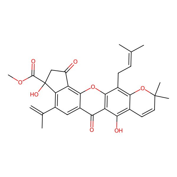 2D Structure of methyl (7S)-7,14-dihydroxy-18,18-dimethyl-21-(3-methylbut-2-enyl)-5,12-dioxo-9-prop-1-en-2-yl-2,19-dioxapentacyclo[11.8.0.03,11.04,8.015,20]henicosa-1(13),3,8,10,14,16,20-heptaene-7-carboxylate