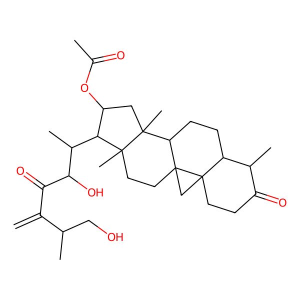 2D Structure of [(1S,3R,7S,8S,11S,12S,14S,15R,16R)-15-[(2S,3R,6R)-3,7-dihydroxy-6-methyl-5-methylidene-4-oxoheptan-2-yl]-7,12,16-trimethyl-6-oxo-14-pentacyclo[9.7.0.01,3.03,8.012,16]octadecanyl] acetate