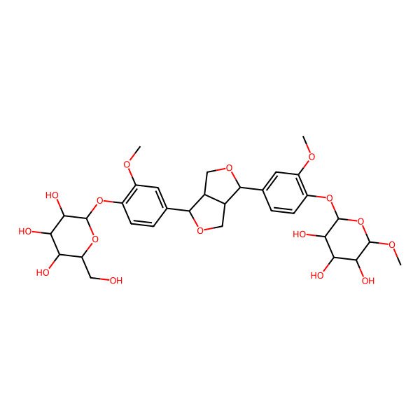 2D Structure of 2-(Hydroxymethyl)-6-[2-methoxy-4-[6-[3-methoxy-4-(3,4,5-trihydroxy-6-methoxyoxan-2-yl)oxyphenyl]-1,3,3a,4,6,6a-hexahydrofuro[3,4-c]furan-3-yl]phenoxy]oxane-3,4,5-triol