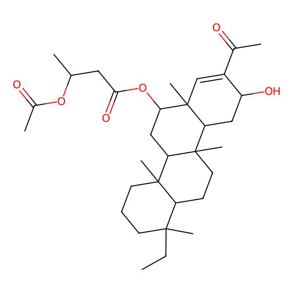 2D Structure of [(1S,4aS,4bR,6S,6aR,9R,10aS,10bR,12aS)-8-acetyl-1-ethyl-9-hydroxy-1,4a,6a,10b-tetramethyl-2,3,4,4b,5,6,9,10,10a,11,12,12a-dodecahydrochrysen-6-yl] (3S)-3-acetyloxybutanoate