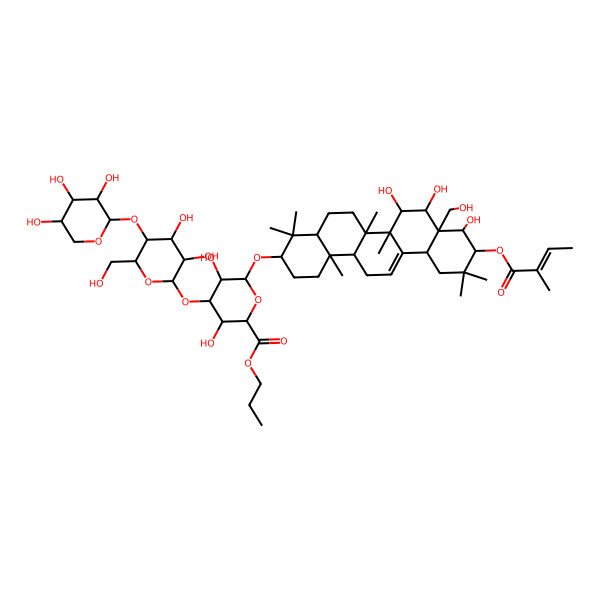 2D Structure of propyl (2S,3R,4S,5R,6R)-6-[[(3S,4aR,6aR,6bS,7R,8S,8aR,9R,10R,12aS,14aR,14bR)-7,8,9-trihydroxy-8a-(hydroxymethyl)-4,4,6a,6b,11,11,14b-heptamethyl-10-[(Z)-2-methylbut-2-enoyl]oxy-1,2,3,4a,5,6,7,8,9,10,12,12a,14,14a-tetradecahydropicen-3-yl]oxy]-4-[(2S,3R,4R,5S,6R)-3,4-dihydroxy-6-(hydroxymethyl)-5-[(2S,3S,4R,5R)-3,4,5-trihydroxyoxan-2-yl]oxyoxan-2-yl]oxy-3,5-dihydroxyoxane-2-carboxylate
