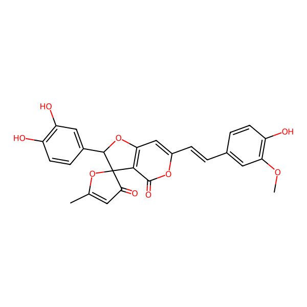 2D Structure of (2S,3S)-2-(3,4-dihydroxyphenyl)-6-[(E)-2-(4-hydroxy-3-methoxyphenyl)ethenyl]-5'-methylspiro[2H-furo[3,2-c]pyran-3,2'-furan]-3',4-dione