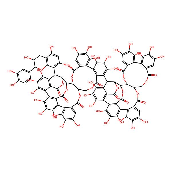 2D Structure of 46-[2-(3,4-dihydroxyphenyl)-3,5,7-trihydroxy-3,4-dihydro-2H-chromen-8-yl]-7,8,9,12,13,14,25,26,27,30,31,32,35,36,37-pentadecahydroxy-15-(7,8,9,12,13,14,25,26,27,30,31,32,35,36,37-pentadecahydroxy-4,17,22,40,44-pentaoxo-3,18,21,41,43-pentaoxanonacyclo[27.13.3.138,42.02,20.05,10.011,16.023,28.033,45.034,39]hexatetraconta-5,7,9,11,13,15,23,25,27,29(45),30,32,34(39),35,37-pentadecaen-46-yl)-3,18,21,41,43-pentaoxanonacyclo[27.13.3.138,42.02,20.05,10.011,16.023,28.033,45.034,39]hexatetraconta-5,7,9,11(16),12,14,23,25,27,29(45),30,32,34(39),35,37-pentadecaene-4,17,22,40,44-pentone