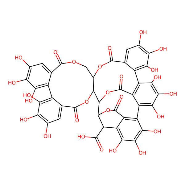 2D Structure of (1R,2R,20R,42R,46R)-7,8,9,12,13,14,25,26,27,30,31,32,35,36,37-pentadecahydroxy-4,17,22,40,44-pentaoxo-3,18,21,41,43-pentaoxanonacyclo[27.13.3.138,42.02,20.05,10.011,16.023,28.033,45.034,39]hexatetraconta-5,7,9,11,13,15,23,25,27,29(45),30,32,34(39),35,37-pentadecaene-46-carboxylic acid