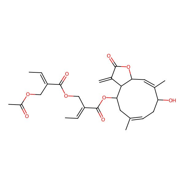 2D Structure of [(E)-2-[[(3aR,4R,6E,9S,10Z,11aR)-9-hydroxy-6,10-dimethyl-3-methylidene-2-oxo-3a,4,5,8,9,11a-hexahydrocyclodeca[b]furan-4-yl]oxycarbonyl]but-2-enyl] (E)-2-(acetyloxymethyl)but-2-enoate
