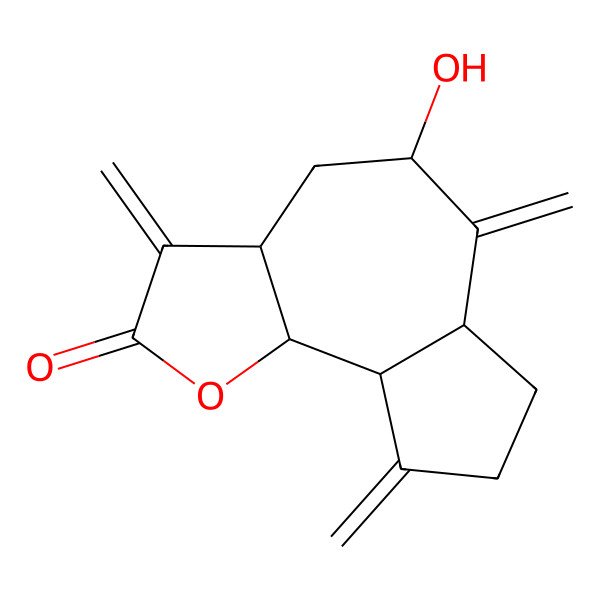 2D Structure of (3aS,5R,6aR,9aR,9bS)-5-hydroxy-3,6,9-trimethylidene-3a,4,5,6a,7,8,9a,9b-octahydroazuleno[4,5-b]furan-2-one