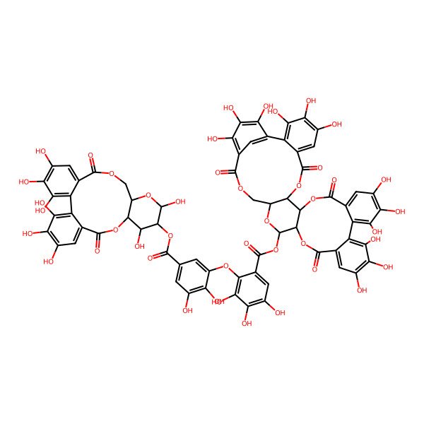 2D Structure of (3,4,5,16,17,18,21,22,23,36,37,38-Dodecahydroxy-8,13,26,34-tetraoxo-9,12,27,30,33-pentaoxaheptacyclo[33.3.1.02,7.010,31.011,28.014,19.020,25]nonatriaconta-1(39),2,4,6,14,16,18,20,22,24,35,37-dodecaen-29-yl) 2-[2,3-dihydroxy-5-[(3,4,5,11,13,21,22,23-octahydroxy-8,18-dioxo-9,14,17-trioxatetracyclo[17.4.0.02,7.010,15]tricosa-1(23),2,4,6,19,21-hexaen-12-yl)oxycarbonyl]phenoxy]-3,4,5-trihydroxybenzoate