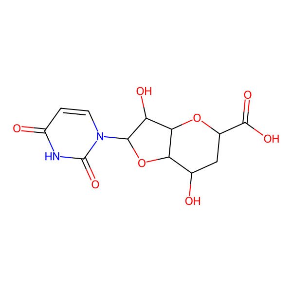 2D Structure of 2-(2,4-dioxopyrimidin-1-yl)-3,7-dihydroxy-3,3a,5,6,7,7a-hexahydro-2H-furo[3,2-b]pyran-5-carboxylic acid