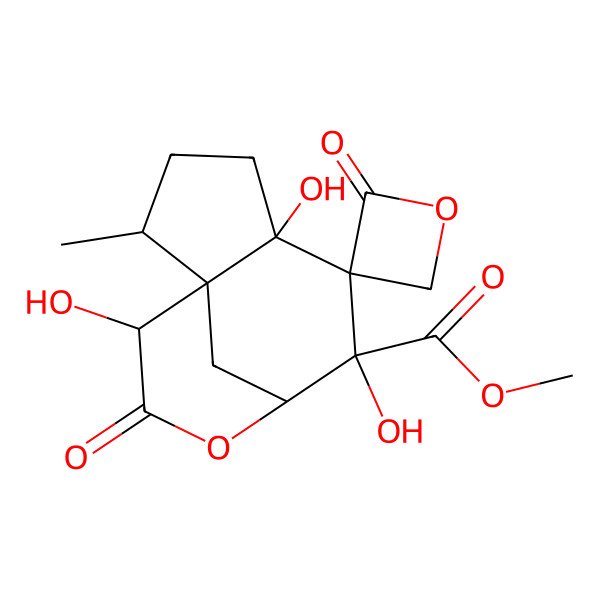 2D Structure of methyl (1S,2R,6R,7R,8R,11R)-5,7,11-trihydroxy-2-methyl-2',10-dioxospiro[9-oxatricyclo[6.3.1.01,5]dodecane-6,3'-oxetane]-7-carboxylate