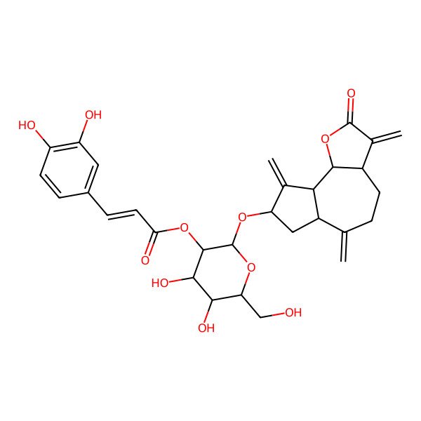 2D Structure of [(2R,3R,4S,5S,6R)-2-[[(3aS,6aR,8S,9bS)-3,6,9-trimethylidene-2-oxo-3a,4,5,6a,7,8,9a,9b-octahydroazuleno[4,5-b]furan-8-yl]oxy]-4,5-dihydroxy-6-(hydroxymethyl)oxan-3-yl] (E)-3-(3,4-dihydroxyphenyl)prop-2-enoate