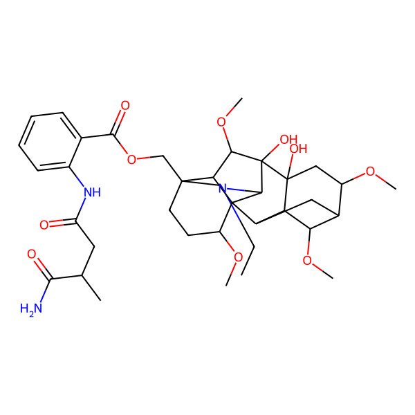 2D Structure of [(1S,2R,3R,4S,5R,6S,8R,9R,10S,13S,16S,17R,18S)-11-ethyl-8,9-dihydroxy-4,6,16,18-tetramethoxy-11-azahexacyclo[7.7.2.12,5.01,10.03,8.013,17]nonadecan-13-yl]methyl 2-[[(3R)-4-amino-3-methyl-4-oxobutanoyl]amino]benzoate