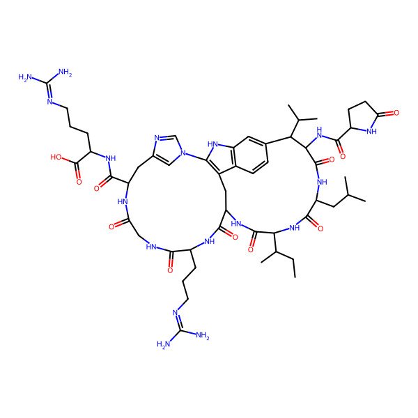 2D Structure of (2S)-2-[[(8R,9S,12S,15S,18S,21S,27R)-15-[(2S)-butan-2-yl]-21-[3-(diaminomethylideneamino)propyl]-12-(2-methylpropyl)-10,13,16,19,22,25-hexaoxo-9-[[(2S)-5-oxopyrrolidine-2-carbonyl]amino]-8-propan-2-yl-2,11,14,17,20,23,26,30,32-nonazapentacyclo[16.14.2.13,7.129,32.04,33]hexatriaconta-1(33),3,5,7(36),29(35),30-hexaene-27-carbonyl]amino]-5-(diaminomethylideneamino)pentanoic acid