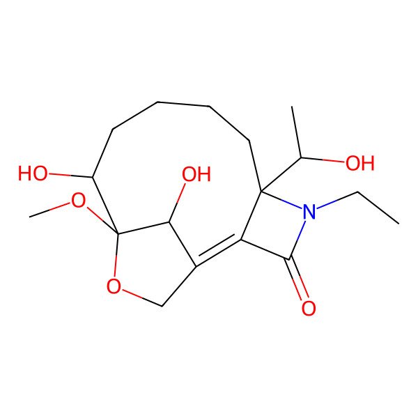 2D Structure of 4-Ethyl-10,14-dihydroxy-5-(1-hydroxyethyl)-11-methoxy-12-oxa-4-azatricyclo[9.2.1.02,5]tetradec-1-en-3-one