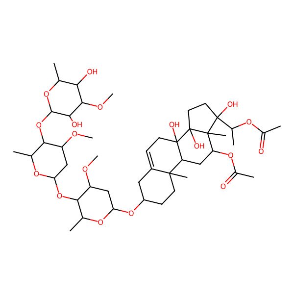 2D Structure of [(3S,8S,9R,10R,12R,13R,14R,17S)-17-[(1S)-1-acetyloxyethyl]-3-[(2R,4S,5R,6R)-5-[(2S,4S,5R,6R)-5-[(2S,3R,4R,5R,6R)-3,5-dihydroxy-4-methoxy-6-methyloxan-2-yl]oxy-4-methoxy-6-methyloxan-2-yl]oxy-4-methoxy-6-methyloxan-2-yl]oxy-8,14,17-trihydroxy-10,13-dimethyl-1,2,3,4,7,9,11,12,15,16-decahydrocyclopenta[a]phenanthren-12-yl] acetate