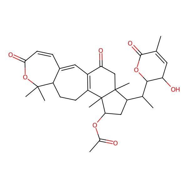 2D Structure of [16-[1-(3-Hydroxy-5-methyl-6-oxo-2,3-dihydropyran-2-yl)ethyl]-8,8,13,17-tetramethyl-6,19-dioxo-7-oxatetracyclo[10.7.0.03,9.013,17]nonadeca-1(12),2,4-trien-14-yl] acetate