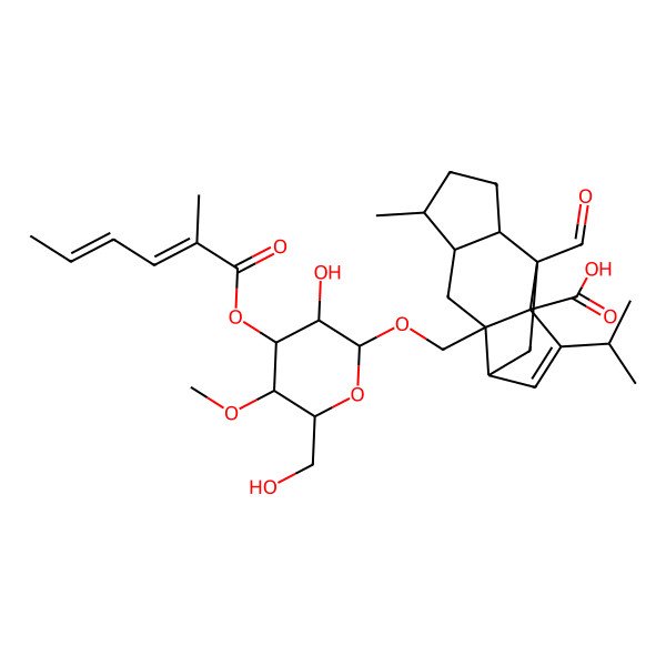 2D Structure of (1R,2S,4R,5R,8R,9S,11S)-9-ormyl-2-[[(2R,3S,4S,5R,6R)-3-hydroxy-6-(hydroxymethyl)-5-methoxy-4-[(2Z,4E)-2-methylhexa-2,4-dienoyl]oxyoxan-2-yl]oxymethyl]-5-methyl-13-propan-2-yltetracyclo[7.4.0.02,11.04,8]tridec-12-ene-1-carboxylic acid