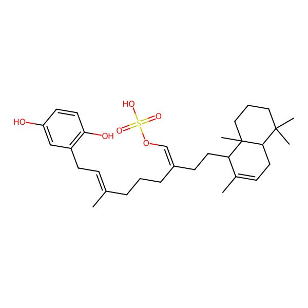 2D Structure of [(1Z,6E)-2-[2-[(1S,4aS,8aS)-2,5,5,8a-tetramethyl-1,4,4a,6,7,8-hexahydronaphthalen-1-yl]ethyl]-8-(2,5-dihydroxyphenyl)-6-methylocta-1,6-dienyl] hydrogen sulfate