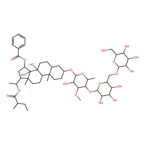 2D Structure of [(3S,5S,8S,9R,10S,13R,14S,15R,17S)-8,14-dihydroxy-3-[(2R,3R,4R,5S,6R)-3-hydroxy-4-methoxy-6-methyl-5-[(2S,3R,4S,5S,6R)-3,4,5-trihydroxy-6-[[(2R,3R,4S,5S,6R)-3,4,5-trihydroxy-6-(hydroxymethyl)oxan-2-yl]oxymethyl]oxan-2-yl]oxyoxan-2-yl]oxy-10,13-dimethyl-17-[(1S)-1-[(2S)-2-methylbutanoyl]oxyethyl]-2,3,4,5,6,7,9,11,12,15,16,17-dodecahydro-1H-cyclopenta[a]phenanthren-15-yl] benzoate