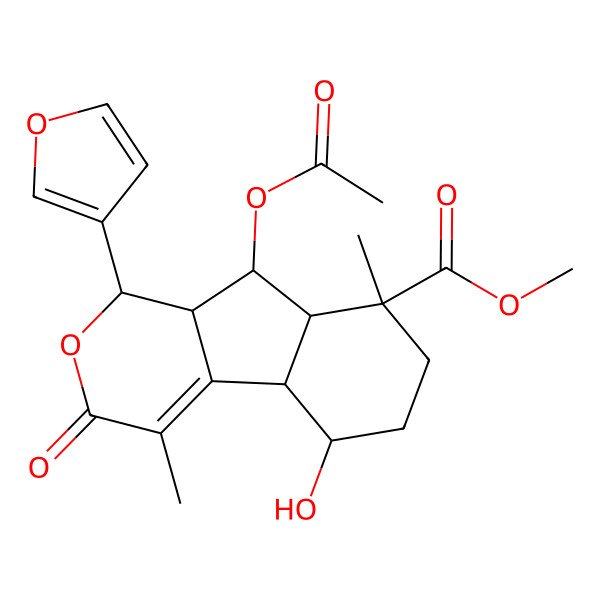 2D Structure of methyl (1S,4bR,5R,8S,8aS,9S,9aR)-9-acetyloxy-1-(furan-3-yl)-5-hydroxy-4,8-dimethyl-3-oxo-1,4b,5,6,7,8a,9,9a-octahydroindeno[2,1-c]pyran-8-carboxylate