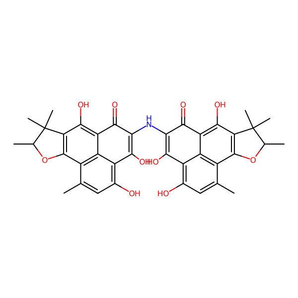 2D Structure of (9S)-3,4,7-trihydroxy-1,8,8,9-tetramethyl-5-[[(9R)-3,4,7-trihydroxy-1,8,8,9-tetramethyl-6-oxo-9H-phenaleno[1,2-b]furan-5-yl]amino]-9H-phenaleno[1,2-b]furan-6-one
