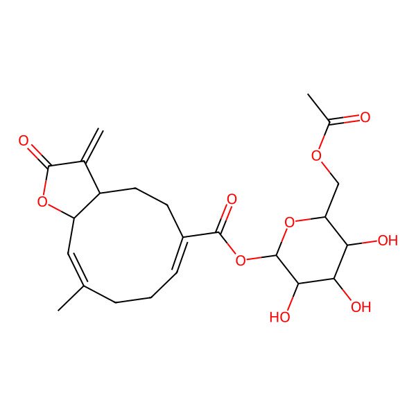 2D Structure of [(2S,3R,4S,5S,6R)-6-(acetyloxymethyl)-3,4,5-trihydroxyoxan-2-yl] (3aS,6Z,10E,11aR)-10-methyl-3-methylidene-2-oxo-3a,4,5,8,9,11a-hexahydrocyclodeca[b]furan-6-carboxylate