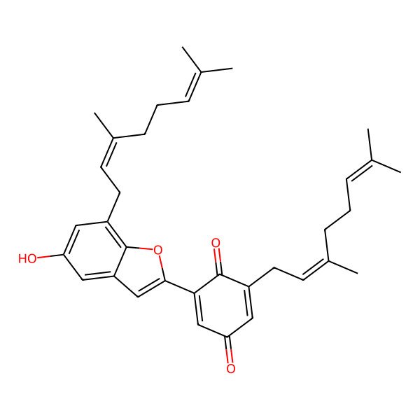 2D Structure of 2-(3,7-Dimethylocta-2,6-dienyl)-6-[7-(3,7-dimethylocta-2,6-dienyl)-5-hydroxy-1-benzofuran-2-yl]cyclohexa-2,5-diene-1,4-dione