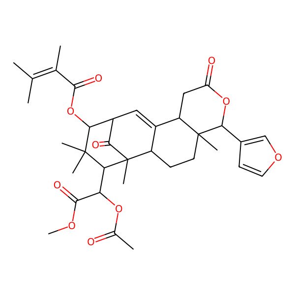 2D Structure of [(1R,2R,5R,6R,10S,13S,14S,16S)-16-[(1R)-1-acetyloxy-2-methoxy-2-oxoethyl]-6-(furan-3-yl)-1,5,15,15-tetramethyl-8,17-dioxo-7-oxatetracyclo[11.3.1.02,11.05,10]heptadec-11-en-14-yl] 2,3-dimethylbut-2-enoate