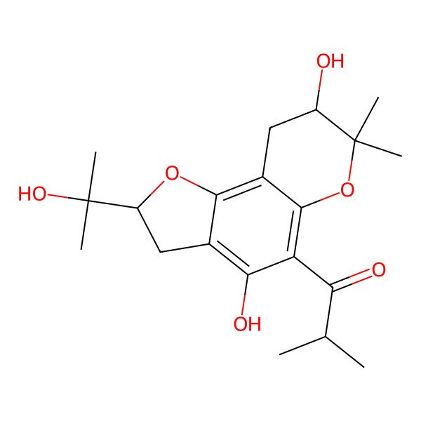 2D Structure of 1-[(2S,8S)-4,8-dihydroxy-2-(2-hydroxypropan-2-yl)-7,7-dimethyl-2,3,8,9-tetrahydrofuro[2,3-f]chromen-5-yl]-2-methylpropan-1-one