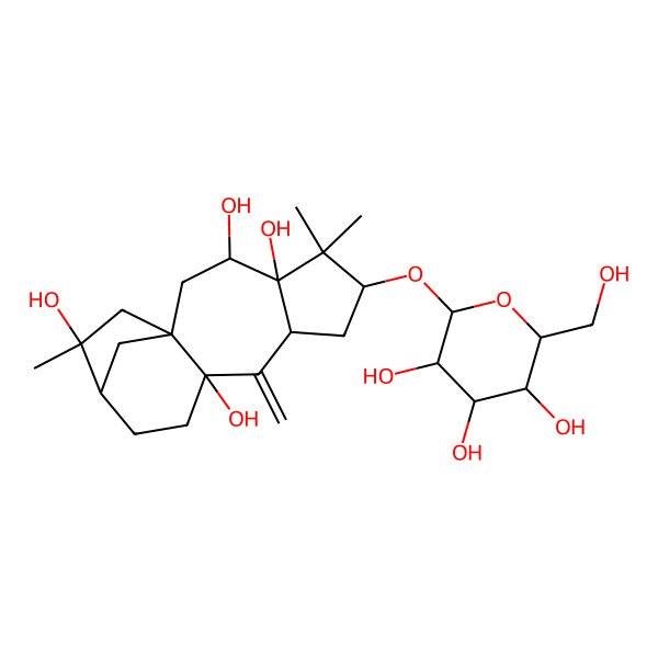 2D Structure of (1R,3R,4R,6S,8S,10S,13R,14R)-5,5,14-trimethyl-9-methylidene-6-[(2S,3R,4S,5S,6R)-3,4,5-trihydroxy-6-(hydroxymethyl)oxan-2-yl]oxytetracyclo[11.2.1.01,10.04,8]hexadecane-3,4,10,14-tetrol