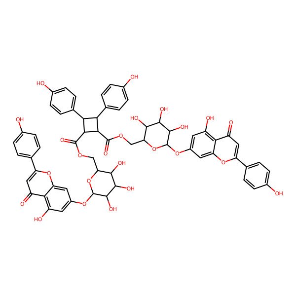 2D Structure of 1-O-[[(2R,3S,4S,5R,6S)-3,4,5-trihydroxy-6-[5-hydroxy-2-(4-hydroxyphenyl)-4-oxochromen-7-yl]oxyoxan-2-yl]methyl] 2-O-[[(2R,3S,4R,5R,6S)-3,4,5-trihydroxy-6-[5-hydroxy-2-(4-hydroxyphenyl)-4-oxochromen-7-yl]oxyoxan-2-yl]methyl] (1R,2R,3R,4R)-3,4-bis(4-hydroxyphenyl)cyclobutane-1,2-dicarboxylate