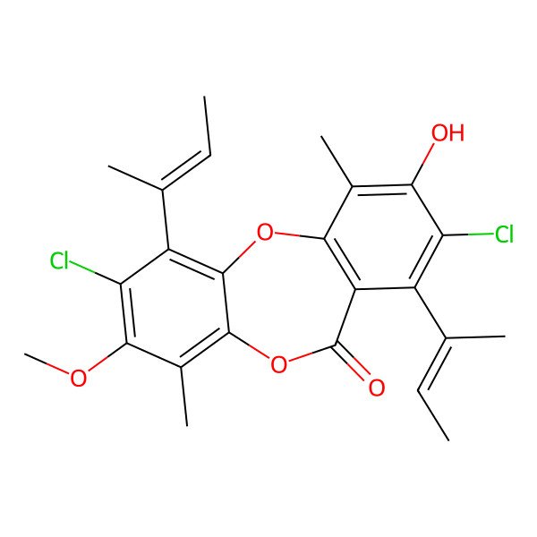 2D Structure of 1,7-Bis(but-2-en-2-yl)-2,8-dichloro-9-hydroxy-3-methoxy-4,10-dimethylbenzo[b][1,4]benzodioxepin-6-one