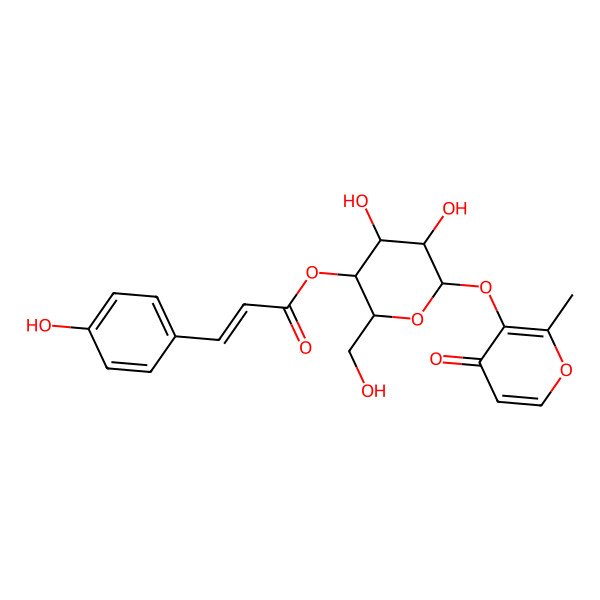 2D Structure of [(2R,3S,4R,5R,6S)-4,5-dihydroxy-2-(hydroxymethyl)-6-(2-methyl-4-oxopyran-3-yl)oxyoxan-3-yl] 3-(4-hydroxyphenyl)prop-2-enoate