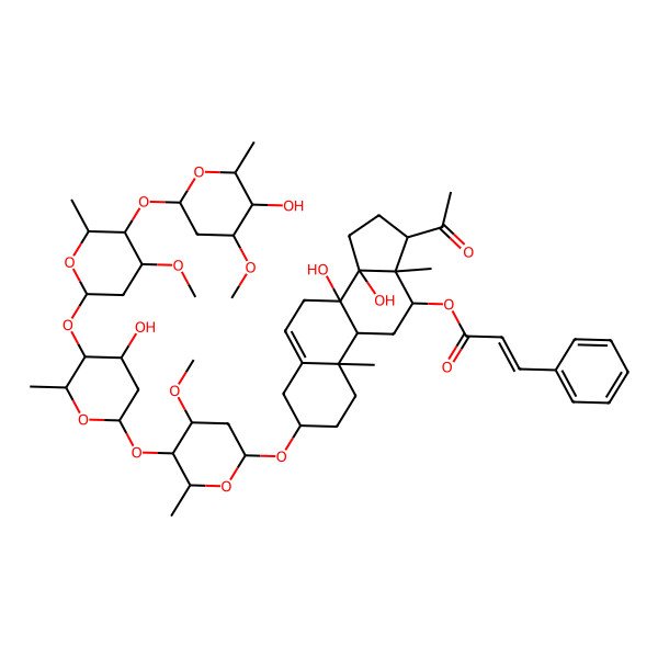 2D Structure of [(3S,8S,9R,10R,12R,13S,14R,17R)-17-acetyl-8,14-dihydroxy-3-[(2R,4S,5R,6R)-5-[(2S,4S,5S,6R)-4-hydroxy-5-[(2S,4R,5R,6R)-5-[(2S,4S,5R,6R)-5-hydroxy-4-methoxy-6-methyloxan-2-yl]oxy-4-methoxy-6-methyloxan-2-yl]oxy-6-methyloxan-2-yl]oxy-4-methoxy-6-methyloxan-2-yl]oxy-10,13-dimethyl-2,3,4,7,9,11,12,15,16,17-decahydro-1H-cyclopenta[a]phenanthren-12-yl] (E)-3-phenylprop-2-enoate