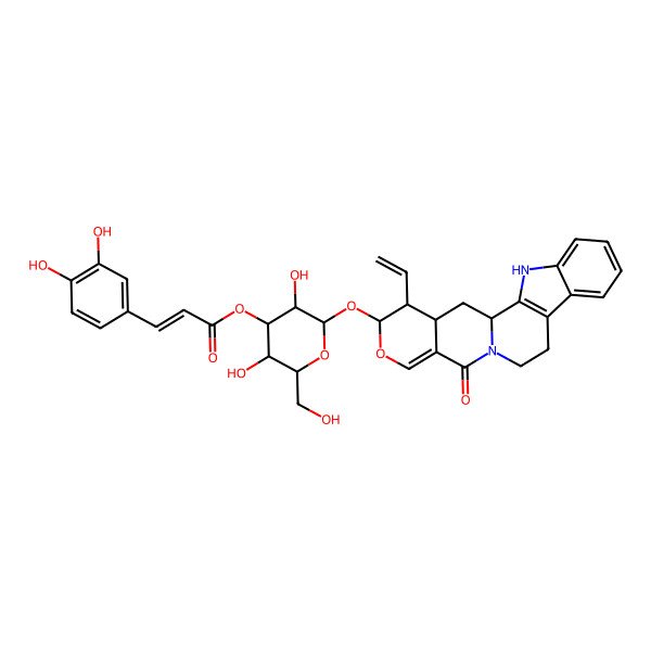 2D Structure of [(2S,3S,4R,5S,6S)-2-[[(1R,18S,19R,20S)-19-ethenyl-14-oxo-17-oxa-3,13-diazapentacyclo[11.8.0.02,10.04,9.015,20]henicosa-2(10),4,6,8,15-pentaen-18-yl]oxy]-3,5-dihydroxy-6-(hydroxymethyl)oxan-4-yl] (E)-3-(3,4-dihydroxyphenyl)prop-2-enoate