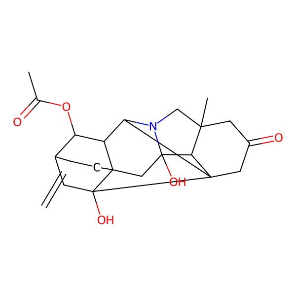 2D Structure of (16,18-Dihydroxy-5-methyl-12-methylidene-3-oxo-7-azaheptacyclo[9.6.2.01,8.05,17.07,16.09,14.014,18]nonadecan-10-yl) acetate