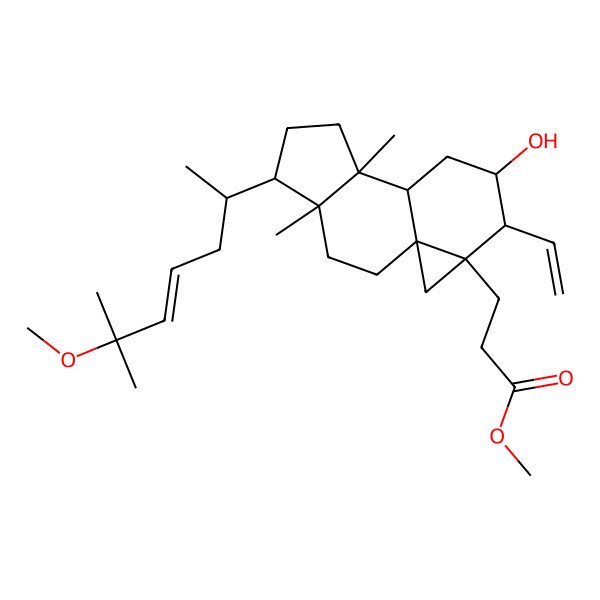 2D Structure of Methyl 3-[12-ethenyl-11-hydroxy-5-(6-methoxy-6-methylhept-4-en-2-yl)-4,8-dimethyl-13-tetracyclo[7.5.0.01,13.04,8]tetradecanyl]propanoate