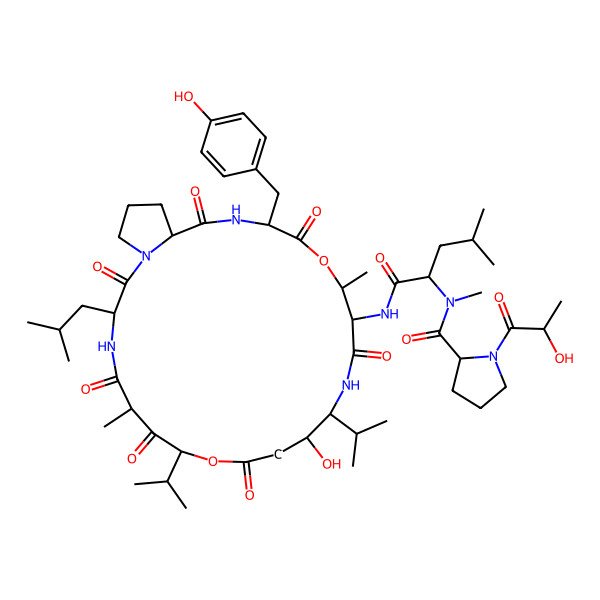2D Structure of N-[1-[[12-hydroxy-20-[(4-hydroxyphenyl)methyl]-6,17-dimethyl-3-(2-methylpropyl)-2,5,7,10,15,19,22-heptaoxo-8,13-di(propan-2-yl)-9,18-dioxa-1,4,14,21-tetrazabicyclo[21.3.0]hexacosan-16-yl]amino]-4-methyl-1-oxopentan-2-yl]-1-(2-hydroxypropanoyl)-N-methylpyrrolidine-2-carboxamide