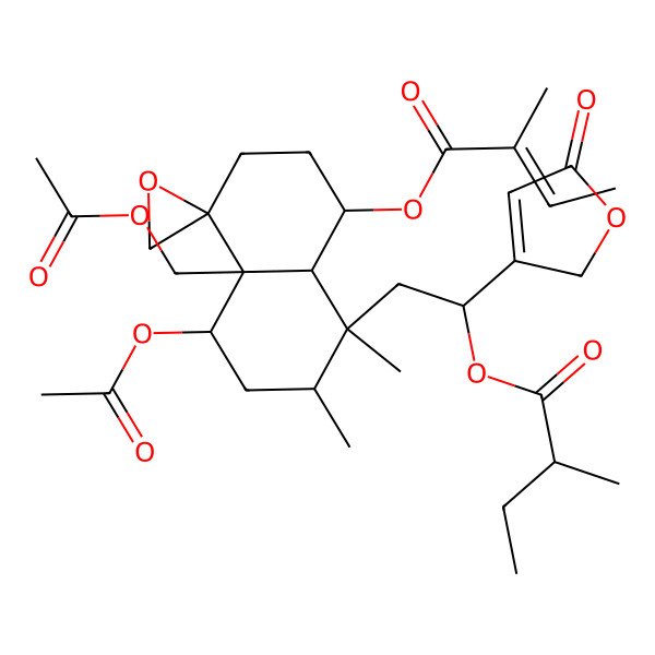 2D Structure of [(1S)-2-[(1S,2R,4S,4aR,8R,8aR)-4-acetyloxy-4a-(acetyloxymethyl)-1,2-dimethyl-8-[(E)-2-methylbut-2-enoyl]oxyspiro[3,4,6,7,8,8a-hexahydro-2H-naphthalene-5,2'-oxirane]-1-yl]-1-(5-oxo-2H-furan-3-yl)ethyl] (2S)-2-methylbutanoate