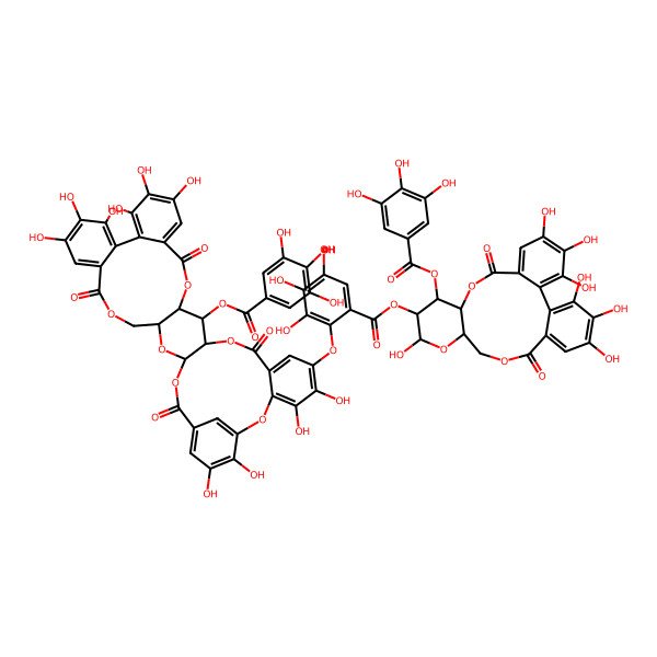 2D Structure of [3,4,5,13,21,22,23-Heptahydroxy-8,18-dioxo-11-(3,4,5-trihydroxybenzoyl)oxy-9,14,17-trioxatetracyclo[17.4.0.02,7.010,15]tricosa-1(23),2,4,6,19,21-hexaen-12-yl] 2-[[4,5,18,19,20,23,24,25,38,39-decahydroxy-9,15,28,35-tetraoxo-12-(3,4,5-trihydroxybenzoyl)oxy-2,10,14,29,32,34-hexaoxaheptacyclo[34.3.1.03,8.011,33.013,31.016,21.022,27]tetraconta-1(40),3,5,7,16,18,20,22,24,26,36,38-dodecaen-6-yl]oxy]-3,4,5-trihydroxybenzoate